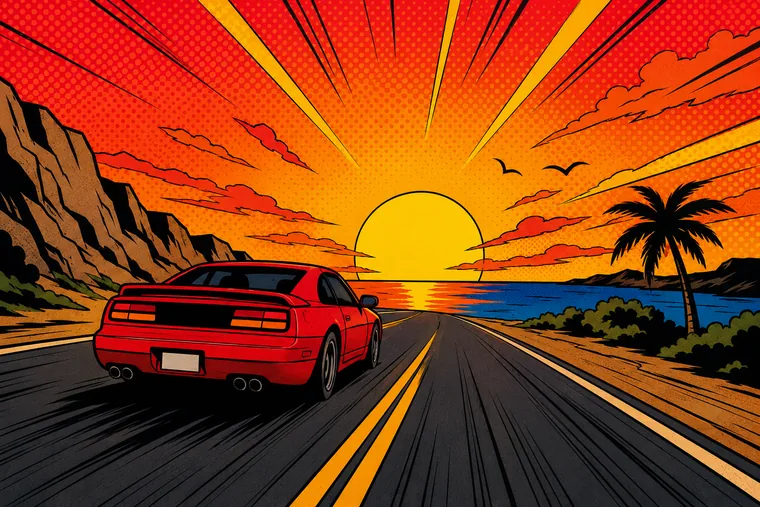 A wrapped car driving off down a coast road at sunset